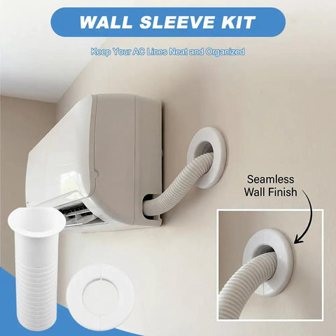 All In One Mini Split Line Set Cover And Wall Sleeve Combo Kit For Outside AC Units With Rapid Bond Tape and Solid Wall Insert, showing seamless wall finish.