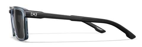 Active Safety Sunglasses Featuring Shatterproof Captivate Black Mirror Lenses, crystal light blue frame, side view.