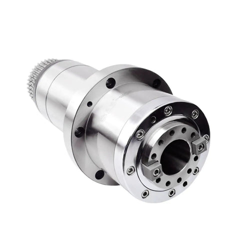 Top Shelf CNC Belt Driven Spindle Assembly With Automatic Tool Changer, polished steel, 120mm outer diameter.