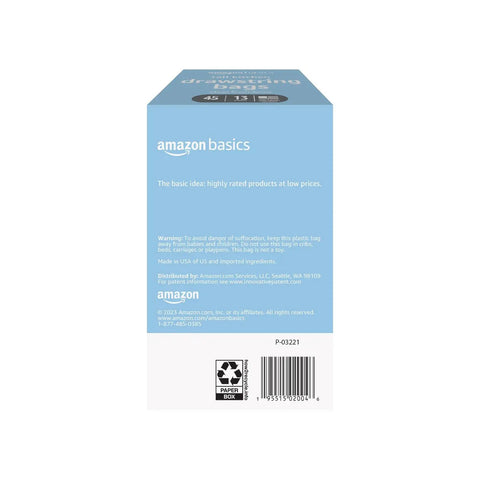 Side view of 45-count box of Tall Kitchen Drawstring Trash Bags With Fresh Scent, 13 Gallon, Heavy Duty 0.9 Mil Strength for Daily Use