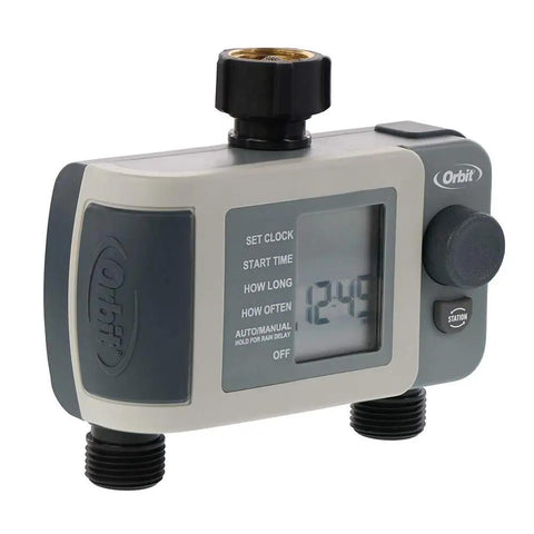 Two Outlet Hose Faucet Timer With Large Digital Display Easy Setup Programmable Watering Schedule From Every Hour To Seven Days Battery Powered