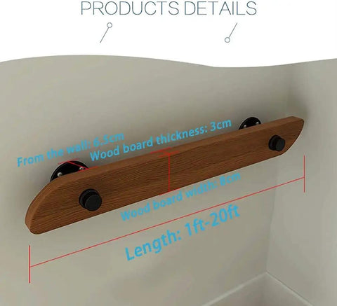 Rock Solid Non Slip Wooden Stair Handrail With Heavy Duty Iron Brackets, Four Foot Safety Railing detail showing dimensions and mounting.