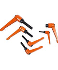 Set of orange clamping levers for machinery bolts, part of Badass Adjustable Wrench Hook Spanner Tool Set, made from durable material.