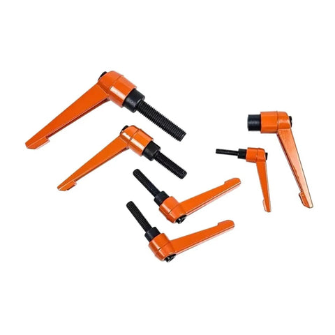 Set of orange clamping levers for machinery bolts, part of Badass Adjustable Wrench Hook Spanner Tool Set, made from durable material.