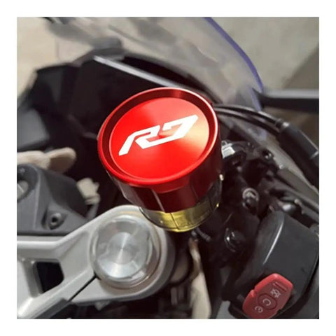 6061 T6 Aluminum Brake Fluid Reservoir Cover For YZF R7 Motorcycle, front cap protector installed on handlebar, red anodized finish