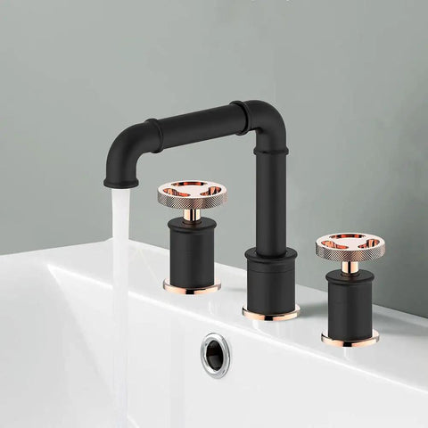 Industrial Black And Rose Gold Widespread Bathroom Sink Faucet With Double Round Handles, Solid Brass Pipe Style on white sink