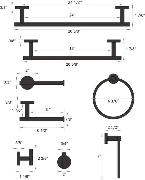 Matte Black 5 Piece Bathroom Accessories Set For Wall Mounted Use Including diagrams of towel bars and holders with measurements