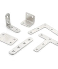 Heavy Duty Stainless Steel Corner Brackets 10 Pack L And T Shape Flat Bed Frame Repair Fasteners For Furniture Cabinet Shelf Mounting Indoors Outdoors Deadset Tough Making Repairs No Sweat For Your Next Project displayed in various orientations.
