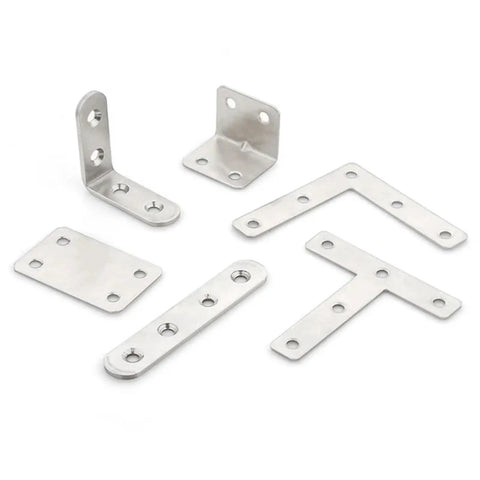 Heavy Duty Stainless Steel Corner Brackets 10 Pack L And T Shape Flat Bed Frame Repair Fasteners For Furniture Cabinet Shelf Mounting Indoors Outdoors Deadset Tough Making Repairs No Sweat For Your Next Project displayed in various orientations.