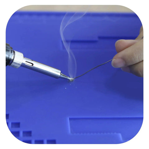 Soldering on blue Anti Slip Magnetic Silicone Work Mat Heat Resistant Up To 932 Degrees Fahrenheit, 500 Degrees Celsius Large 17.32 By 12.20 Inches Soldering Pad