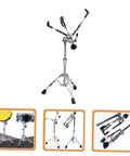 Rock Solid Heavy Duty Snare Drum Stand Adjustable Portable Alloy Rack With Quick Release Storage Shelf For Gig Ready Bands Weekend Sessions And Tour Grade Stages, folded and extended views.