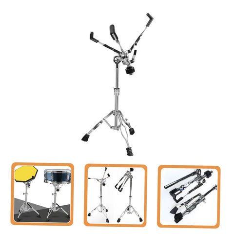 Rock Solid Heavy Duty Snare Drum Stand Adjustable Portable Alloy Rack With Quick Release Storage Shelf For Gig Ready Bands Weekend Sessions And Tour Grade Stages, folded and extended views.
