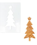 Top Shelf Christmas Acrylic Router Templates With Slick Holiday Motifs For Knockout Diy Woodworking And Cabinet Jigs Measuring Five Point Five By Seven Point Nine Inches In Crisp White Finish showing tree shape template and carved wooden tree.