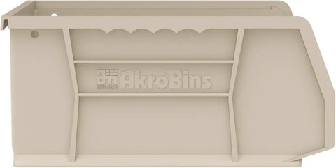 Side view of a stone-colored stackable plastic storage bin from the Stackable Plastic Storage Bins Set for Garage Pantry and Craft Organization, Space Saving Durable Organizer Bins, 11 by 11 by 5 Inches, Stone Color, 6 Pack for Snacks Tools Toys and More.