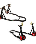 Motorcycle Front And Rear Stand Combo With 4 Pulley Wheel Lift, black frame with red wheels, shown from side view