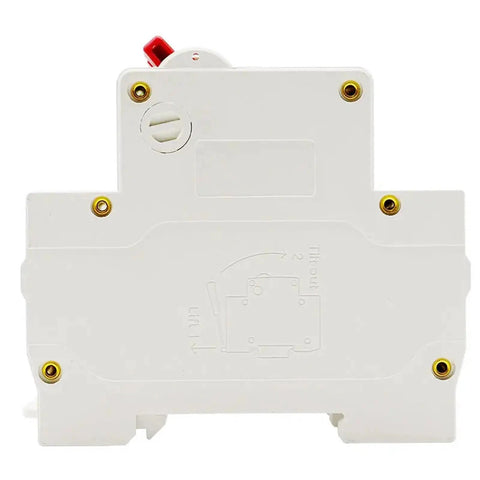 Super Rugged Manual Dual Power Transfer Switch Circuit Breaker 1P 2P, white back view with mounting holes and control knob.