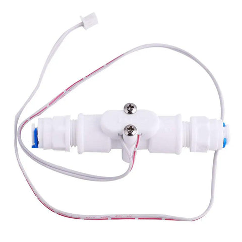Water Flow Sensor Switch And Liquid Flowmeter G1/4 Inline Durable PE Water Sensor with wiring and connectors visible
