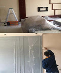 Room covered with 35 Pieces Plastic Drop Cloth Set Waterproof Dust Proof Mess Free For Painting Projects 9x12 Feet Tarp Cover.