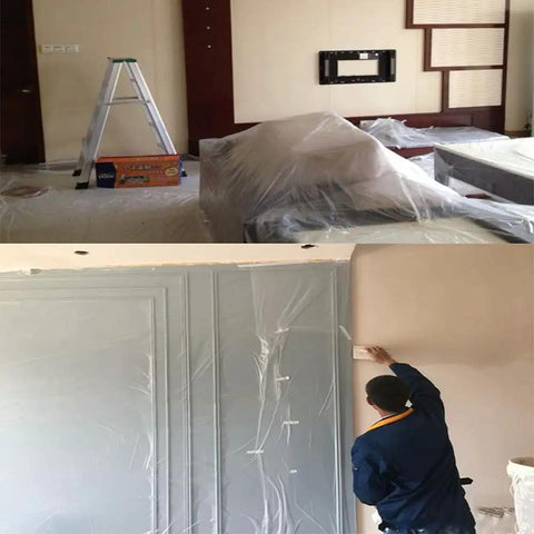 Room covered with 35 Pieces Plastic Drop Cloth Set Waterproof Dust Proof Mess Free For Painting Projects 9x12 Feet Tarp Cover.
