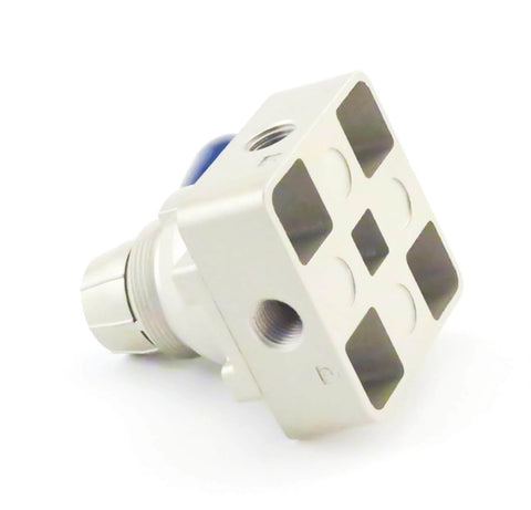 4HV210-08 Hand Lever Pneumatic Valve, aluminum alloy body, four two-way ports, compact design, side view.