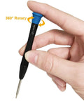 Precision screwdriver in hand from All-In-One Eyeglasses Repair Kit With Over 1000 Screws, 6 Precision Screwdrivers, Tweezers, Nuts, Caps, Washers, Cleaning Cloth.