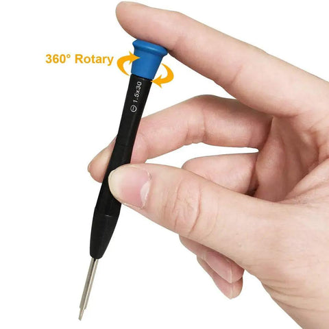 Precision screwdriver in hand from All-In-One Eyeglasses Repair Kit With Over 1000 Screws, 6 Precision Screwdrivers, Tweezers, Nuts, Caps, Washers, Cleaning Cloth.
