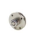 Adjustable torque circular disk pivot damping hinge; chrome finish, mounting flange with two holes.