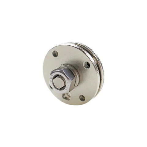 Adjustable torque circular disk pivot damping hinge; chrome finish, mounting flange with two holes.
