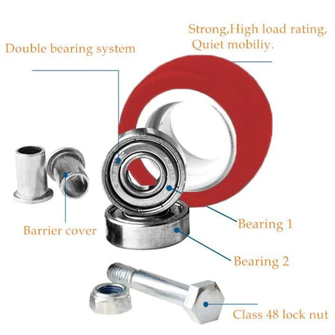 ABSLIMUS 2-inch caster wheels, 4-pack with brake; PU wheels and steel housing, exploded view showing bearings and lock nut