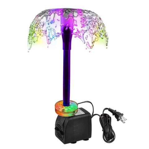 Go-To 15W Submersible Fountain Pump With LED Light displaying rainbow water flow for gardens, ponds, aquariums, and fountains.