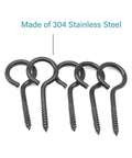 Five 2-1/2 inch black screw eyes in 304 stainless steel on white background, showing rust resistant eye bolts for anchoring cables.