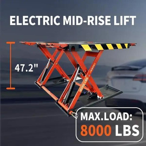Mid Rise Electric Scissor Lift 110V Featuring Rapid Drop And Dead Simple Controls Designed For Shop Pros And Weekend Mechanics 47.2" height.