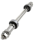 Rear Hub Axle For Multispeed Bikes, 180mm Length, Three Eighths Inch Silver 26 TPI Hub Nut Washer Kit, side view