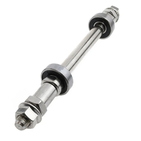 Rear Hub Axle For Multispeed Bikes, 180mm Length, Three Eighths Inch Silver 26 TPI Hub Nut Washer Kit, side view