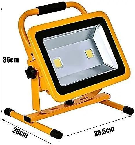 Spot Lighting Led Floodlight 100W 10000Lm Led Work Light Rechargeable design with sturdy yellow frame, dimensions 35cm x 33.5cm x 26cm.