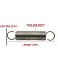 Heavy Duty Wire Tension Springs With 2mm Diameter And 11 To 500 Mm Lengths In Stainless Steel showing clear dimensions for use.