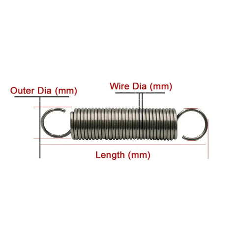 Heavy Duty Wire Tension Springs With 2mm Diameter And 11 To 500 Mm Lengths In Stainless Steel showing clear dimensions for use.