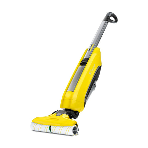 Electric Mop And Floor Cleaner For All Hard Floors Cordless With 500 RPM Front Rotating Rollers, yellow mop upright view.