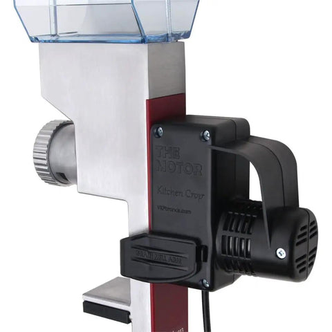 Side view of Heavy Duty Motor For Food Strainer And Grain Mill With All Metal Gears Tool Free Attachment Includes Two Attachment Arms
