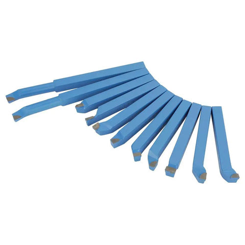 Carbide Lathe Tool Kit 11 Piece With 8x8mm Square Shank For Turning Grooving And Metal Cutting In Workshop Machining Ideal For Pros Durable Carbon Steel And Cemented Carbide Bits For Long Lasting Precision In Heavy Duty Lathe Work. 11 blue carbide lathe tools, 8x8mm square shank, 80mm and 125mm lengths