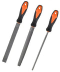 Heavy Duty Three Piece Wood Rasp File Set With Eight Inch Round Half Round And Flat Steel Files Featuring Soft Rubber Grip Handles showcased.