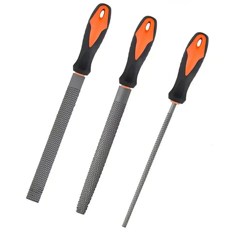Heavy Duty Three Piece Wood Rasp File Set With Eight Inch Round Half Round And Flat Steel Files Featuring Soft Rubber Grip Handles showcased.