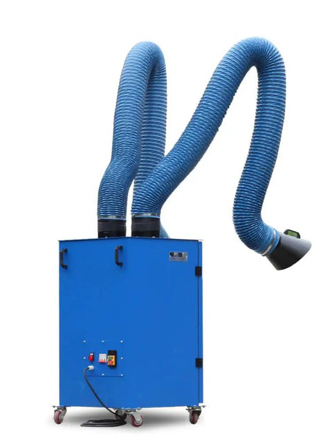 Top Shelf Portable Welding Fume Extractor With Heavy Duty Swivel Setup And Premium HEPA Filtration, blue steel cart with flexible hoses.
