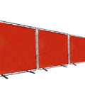 Hardcore Three Panel Red Flame Resistant Vinyl Welding Curtain With Heavy Duty Steel Frame for spark protection in workshops.