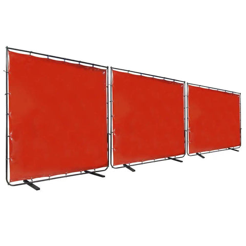Hardcore Three Panel Red Flame Resistant Vinyl Welding Curtain With Heavy Duty Steel Frame for spark protection in workshops.