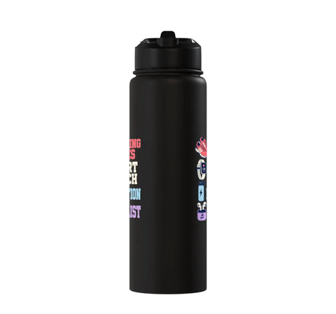 Hydration Boss Insulated Stainless Steel Water Bottle with Leak Proof Flip Lid in black with colorful gym-themed graphics