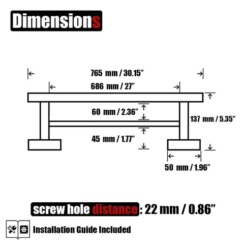 Dimensions diagram of Stainless Steel Towel Bar 30 Inch with Brushed Finish Wall Mount Rack, displaying measurements and components.