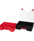 Heavy Duty 8 Bin Hardware Organizer With Removable Bins Portable Tool Box for small parts, clear locking lid open, bins arranged outside