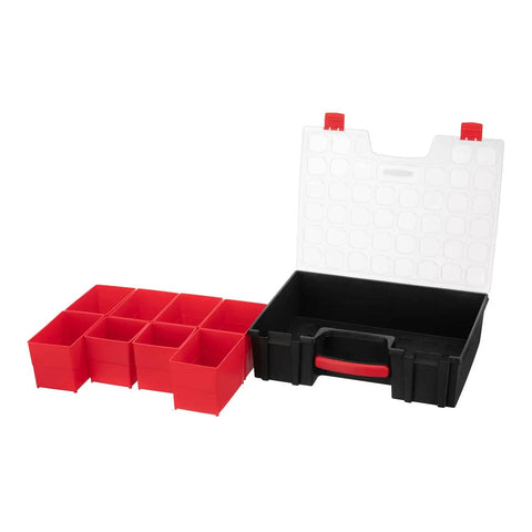 Heavy Duty 8 Bin Hardware Organizer With Removable Bins Portable Tool Box for small parts, clear locking lid open, bins arranged outside