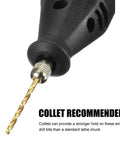 Close-up of a drill chuck with a titanium twist drill bit for the Top Pick 100 Piece Twist Drill Bit Set For Woodworking And DIY Projects With Titanium Plating High Speed Steel Round Shank Hand Electric Drill Tool Kit That Lasts A Long Time.